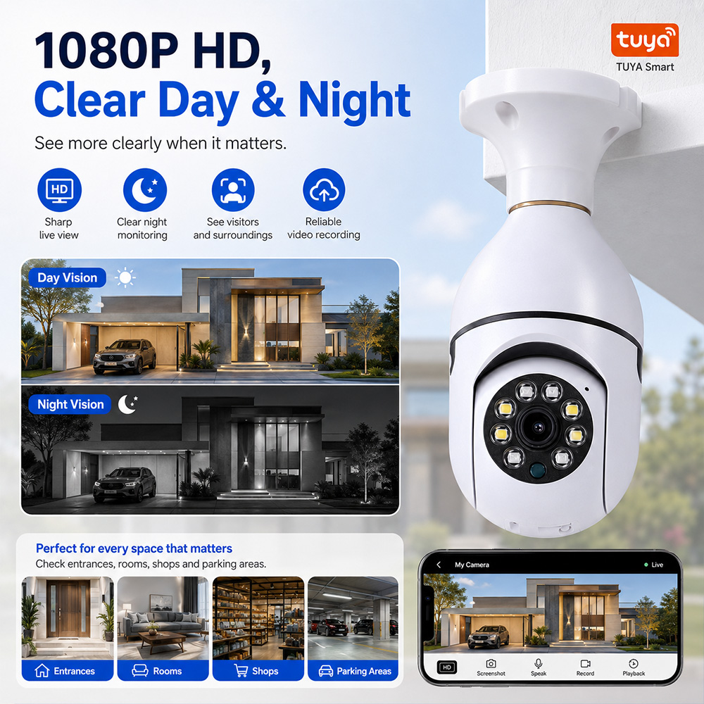 Outdoor Lighting Under Roof - Telecamera Lampadina Tuya Wireless 2MP HD